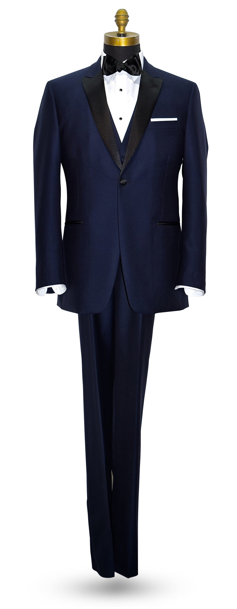 mannequin wearing a navy blue tuxedo with black peal lapels with matching navy tuxedo pants with white shirt and black satin bowtie against a white background