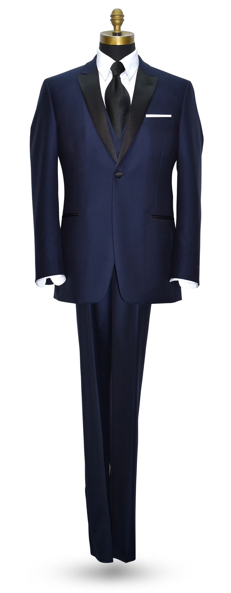 mannequin wearing a navy blue tuxedo with black peal lapels with matching navy tuxedo pants with white shirt and long wide satin dress tie against a white background