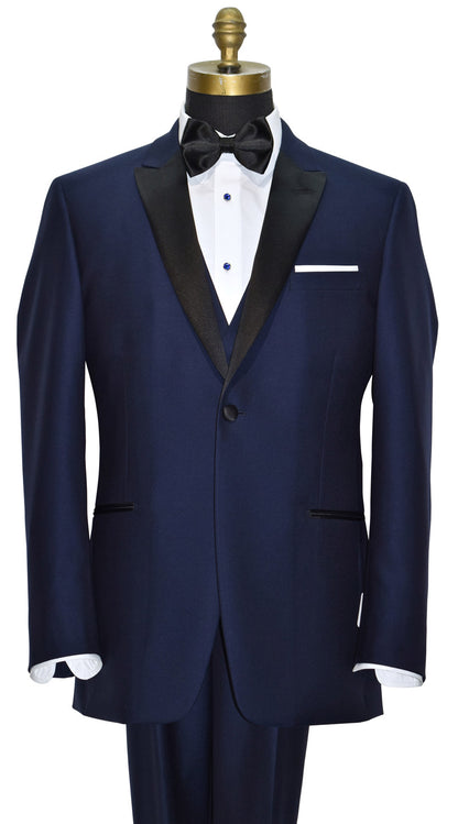 Navy blue tuxedo with black lapels wearing a navy blue tuxedo vest on a mannequin against a white background