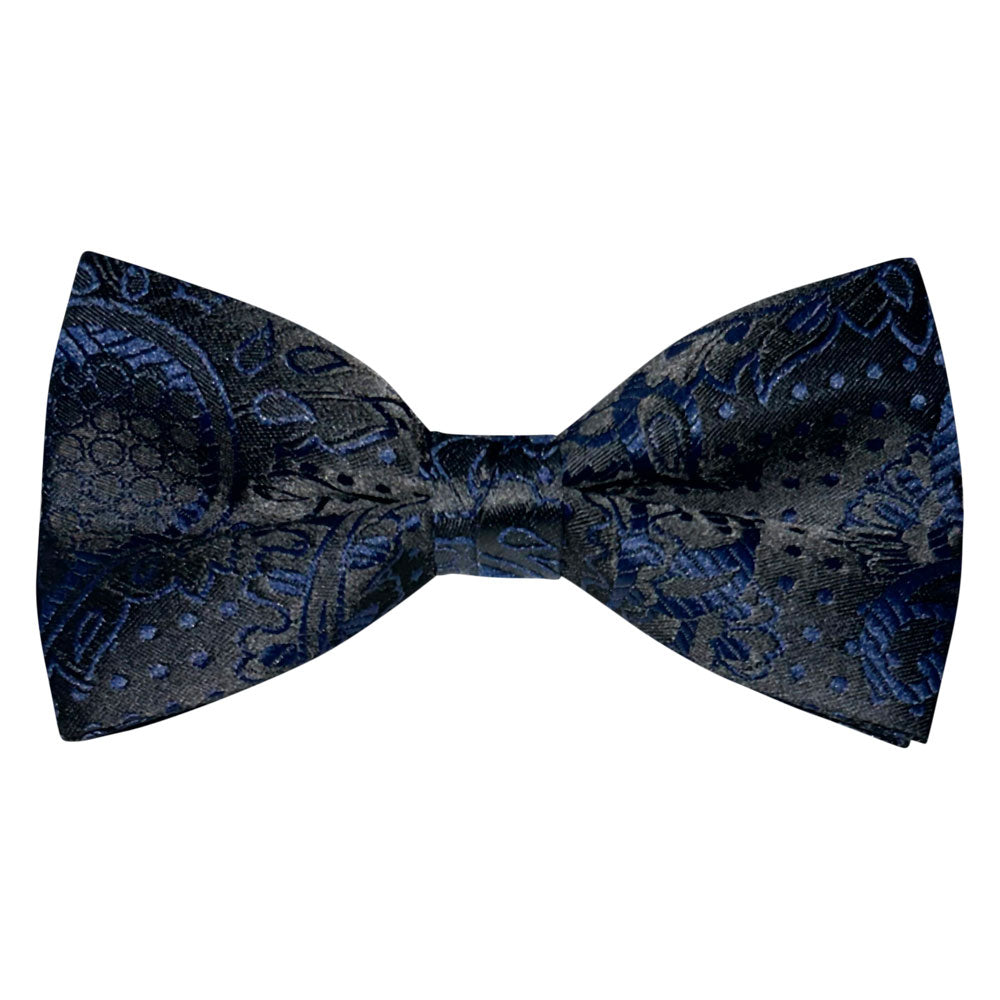 Blue paisley patterned bow tie on a white background