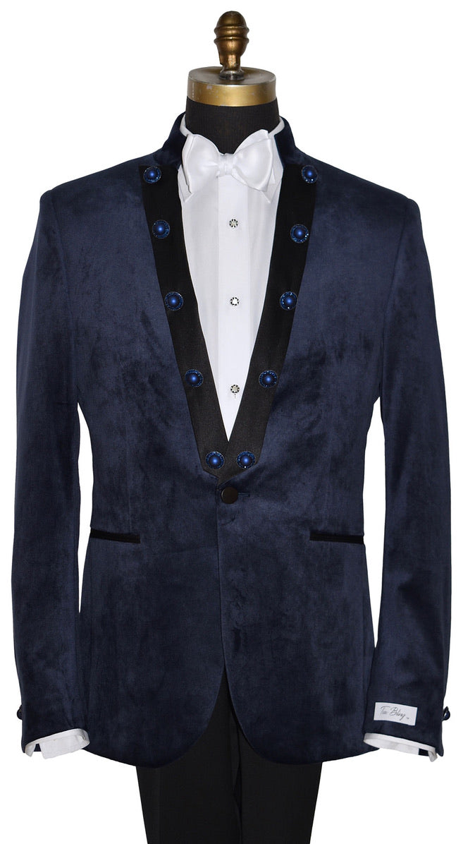 Navy blue velvet tuxedo jacket with nehru collar on a mannequin against a white background