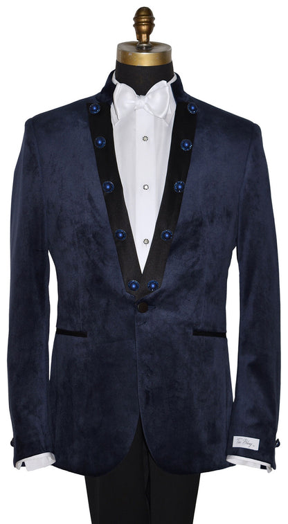 Navy blue velvet tuxedo jacket with nehru collar on a mannequin against a white background