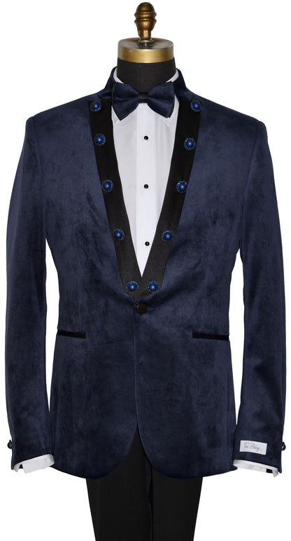 front view close-up mannequin wearing a navy velvet nehru collar tuxedo with a navy bowtie against a white background