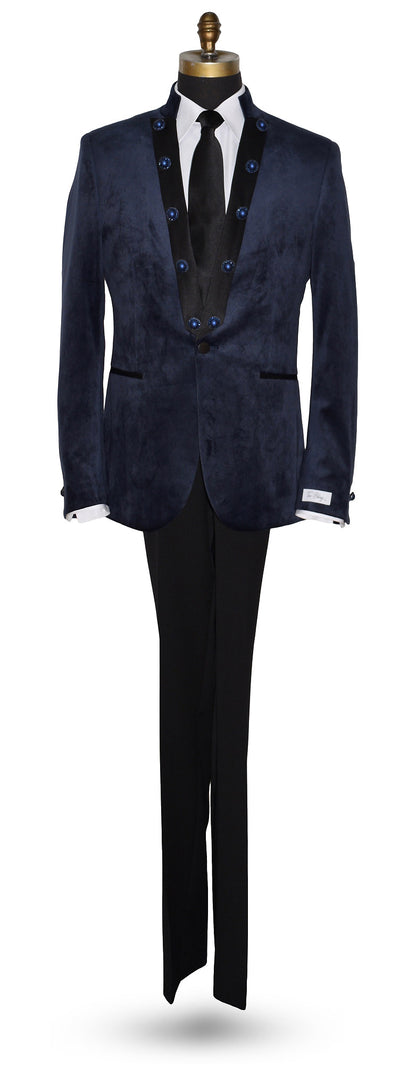 life size mannequin wearing a navy velvet nehru collar tuxedo with a long black dress tie against a white background