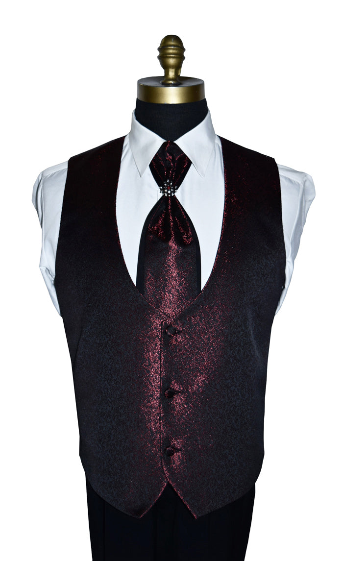 Black nehru vest with scarlet red accents  on a mannequin against a white background