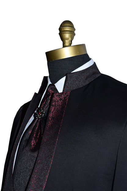 side view nehru tuxedo with scarlet red accents against a white background