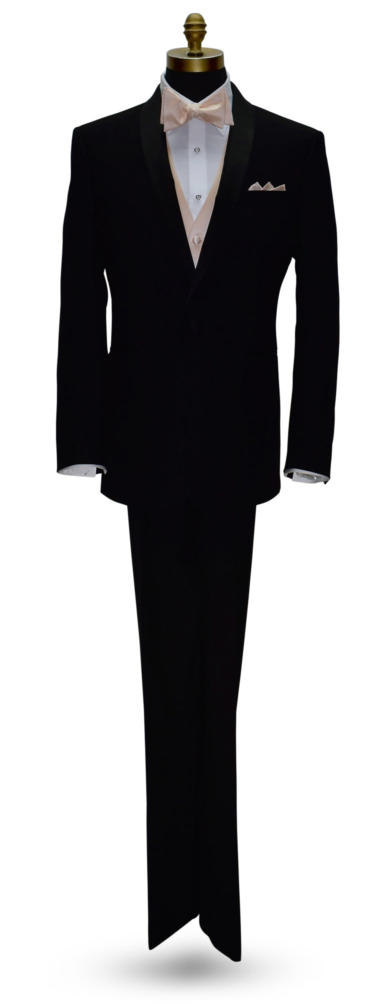 life-size mannequin wearing a black shawl collar tuxedo with a white dress shirt and nude tuxedo vest and nude "tie-yourself" bowtie and pocket handkerchief against a white background