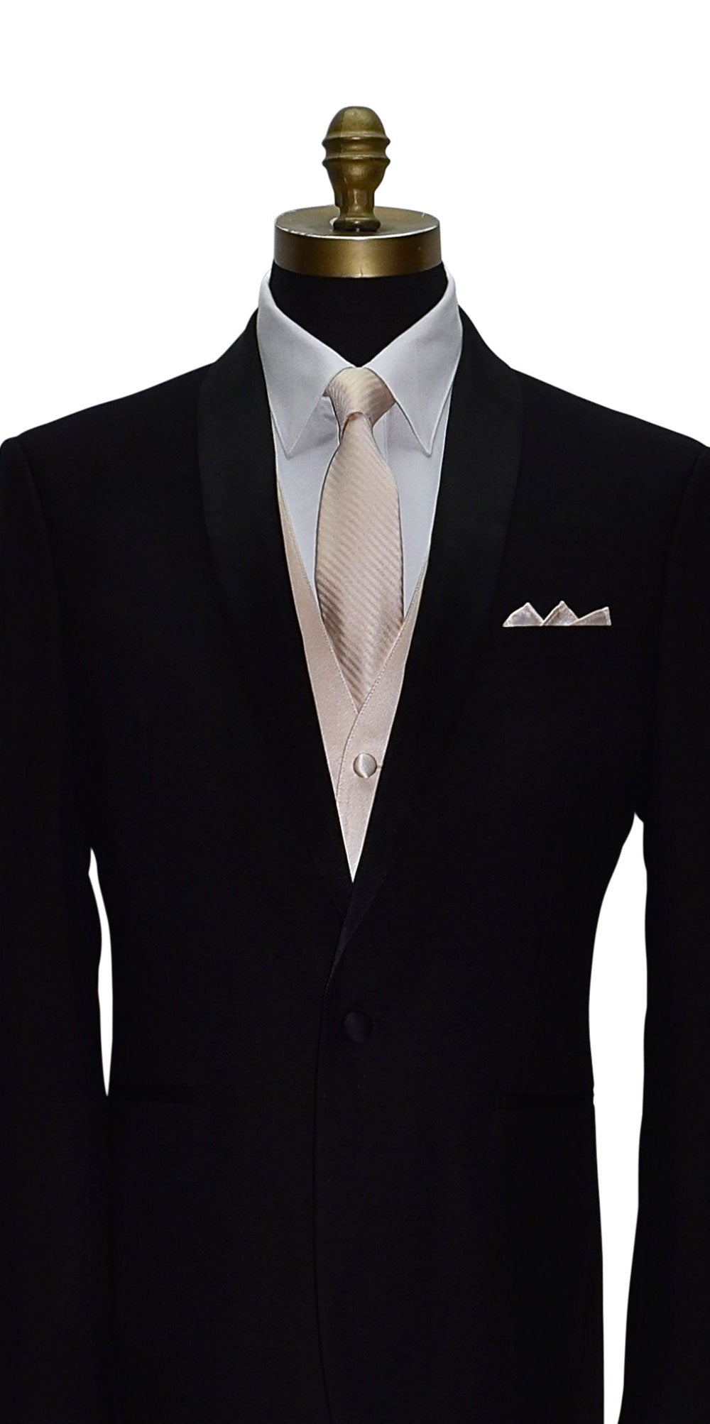 close-up Black suit with nude color striped necktie and a nude color tuxedo vest on a mannequin against a white background