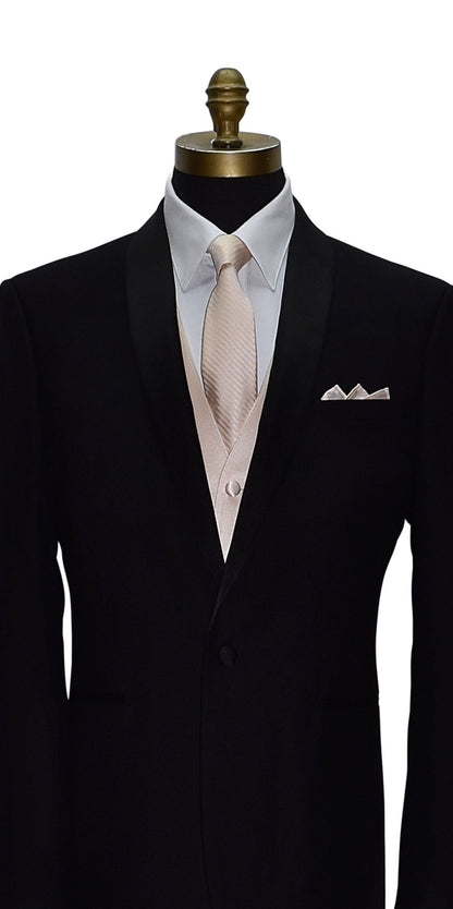 close-up Black suit with nude color striped necktie and a nude color tuxedo vest on a mannequin against a white background