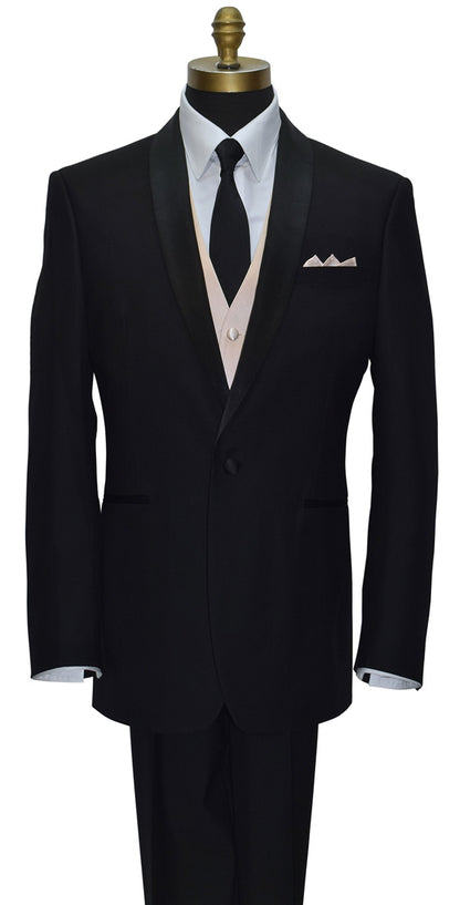 Black shawl-collar tuxedo with white shirt and black necktie with a nude tuxedo vest and petal handkerchief on a mannequin against a white background