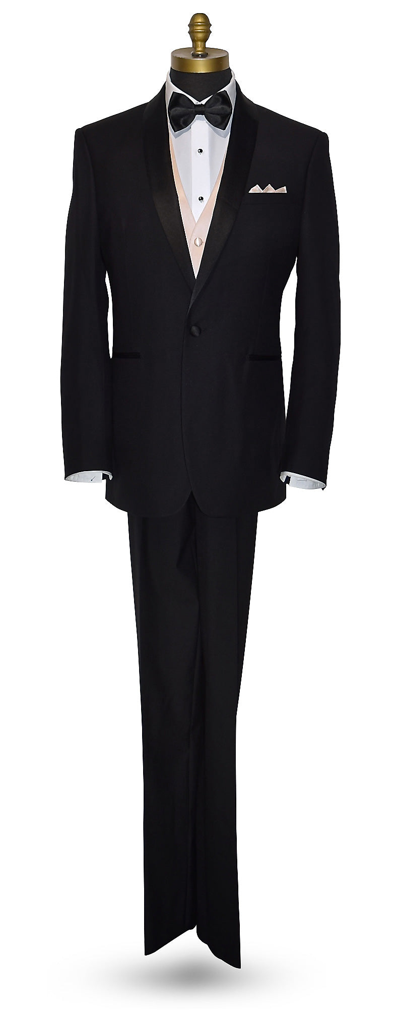 life size mannequin wearing a Black shawl-collar tuxedo with white tuxedo shirt, nude tuxedo vest, black "pre-tied" bow tie, and nude pocket square on a mannequin against a white background.
