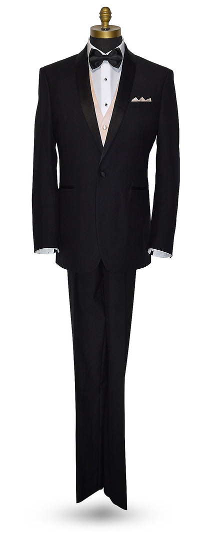 life size mannequin wearing a Black shawl-collar tuxedo with white tuxedo shirt, nude tuxedo vest, black "pre-tied" bow tie, and nude pocket square on a mannequin against a white background.