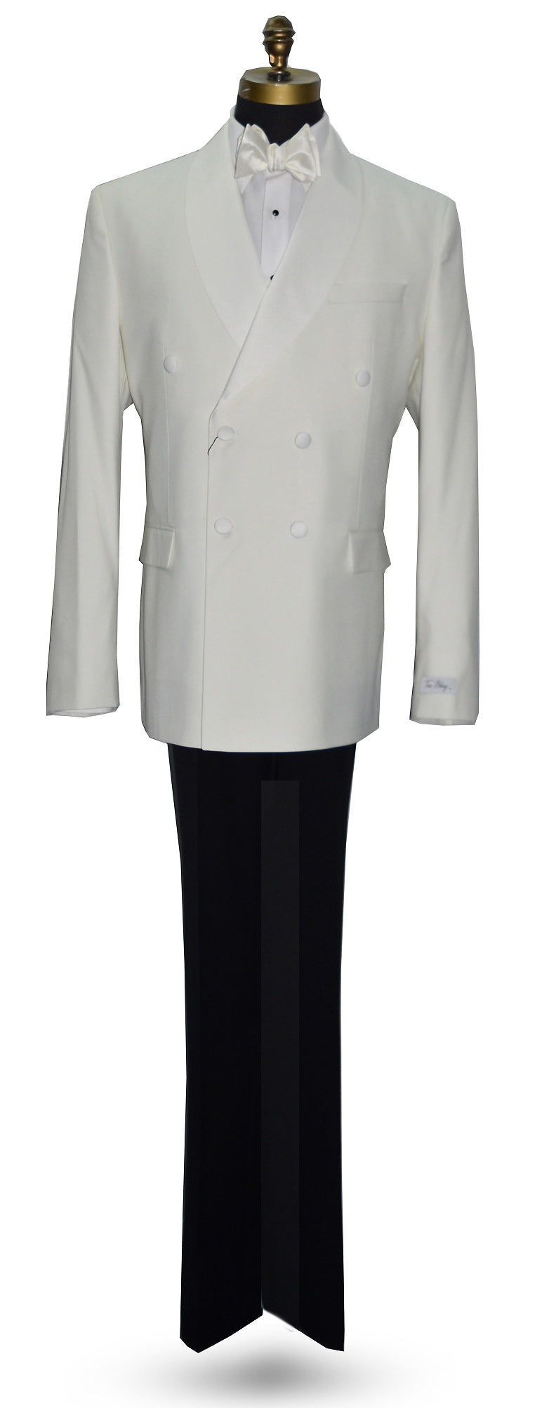 mannequin wearing an Off-white double breasted shawl collar dinner jacket with black tuxedo pants and off-white satin bowtie against a white background
