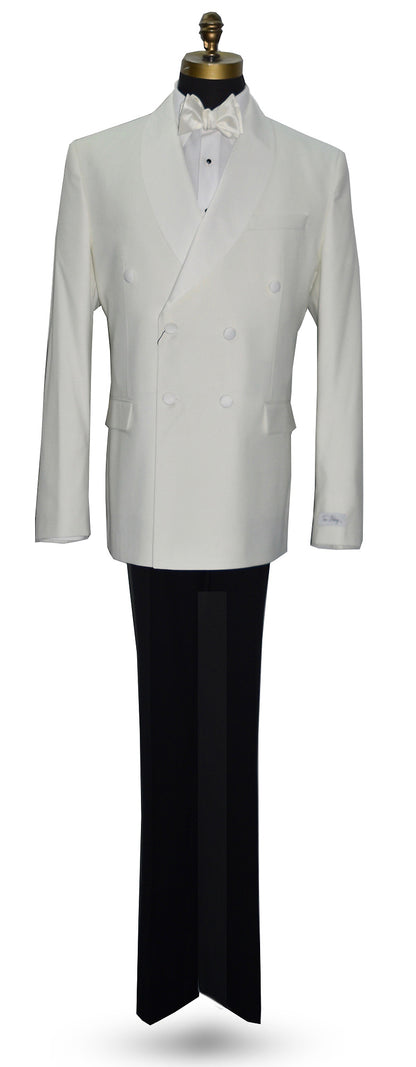 mannequin wearing an Off-white double breasted shawl collar dinner jacket with black tuxedo pants and off-white satin bowtie against a white background