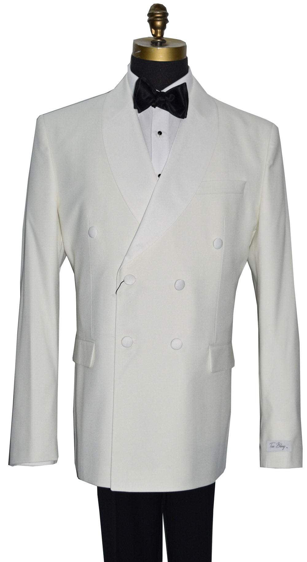 close up front view mannequin wearing an Off-white double breasted shawl collar dinner jacket with black tuxedo pants and black satin bowtie against a white background