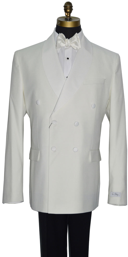 close-up front view mannequin wearing an Off-white double breasted shawl collar dinner jacket with black tuxedo pants and off-white satin bowtie against a white background