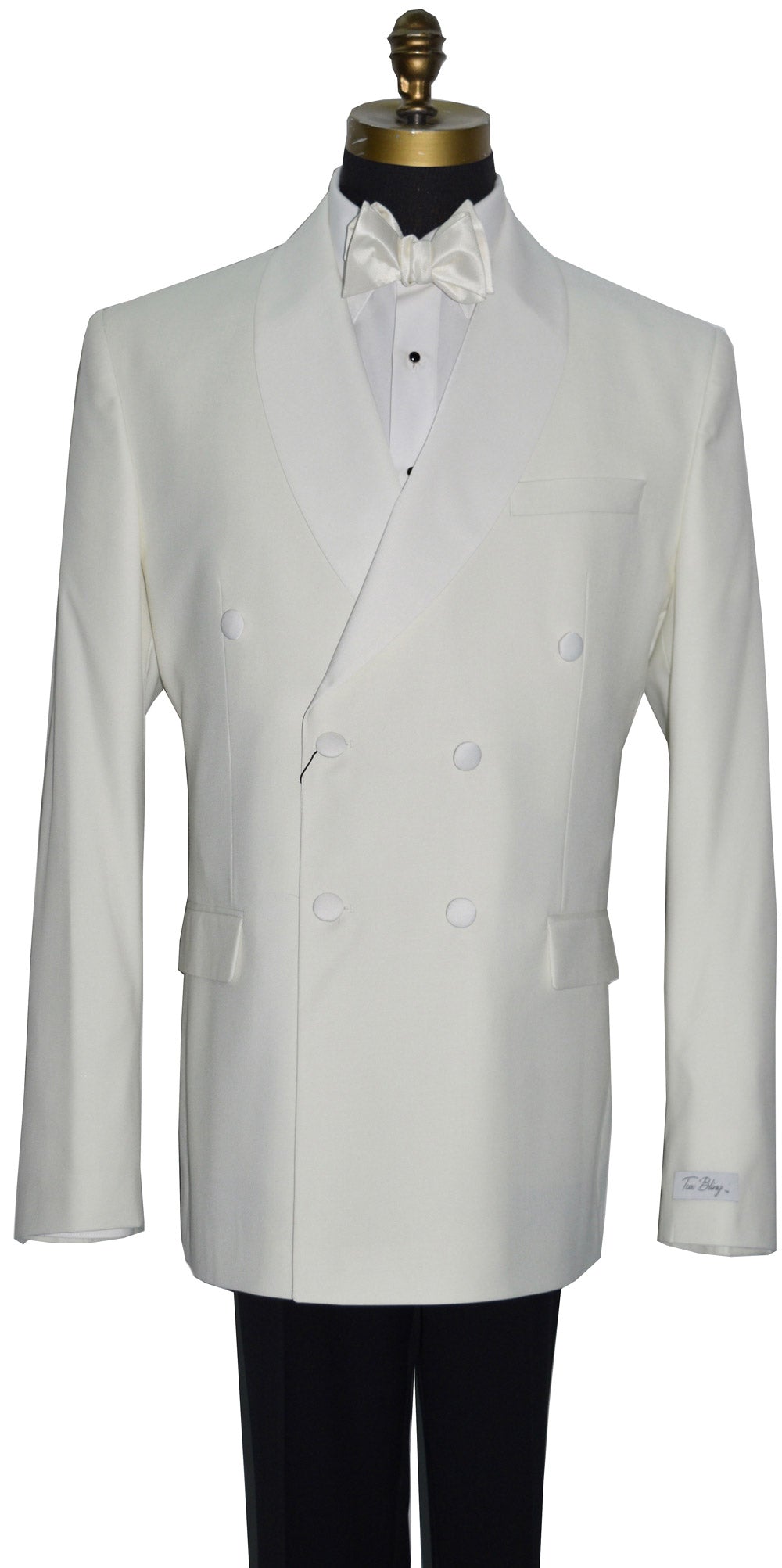 close-up front view mannequin wearing an Off-white double breasted shawl collar dinner jacket with black tuxedo pants and off-white satin bowtie against a white background