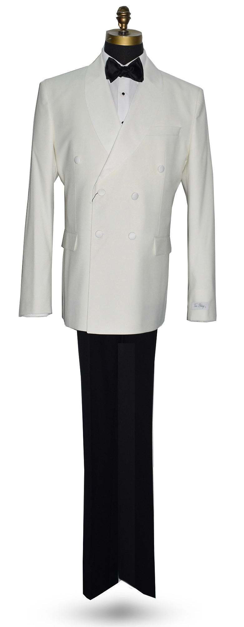 mannequin wearing an Off-white double breasted shawl collar dinner jacket with black tuxedo pants and black satin bowtie against a white background