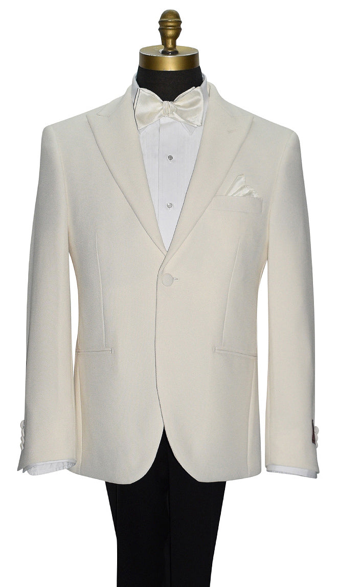 close-up of mannequin wearing an ivory peak lapel dinner jacket with white shirt and ivory satin bowtie against a white background