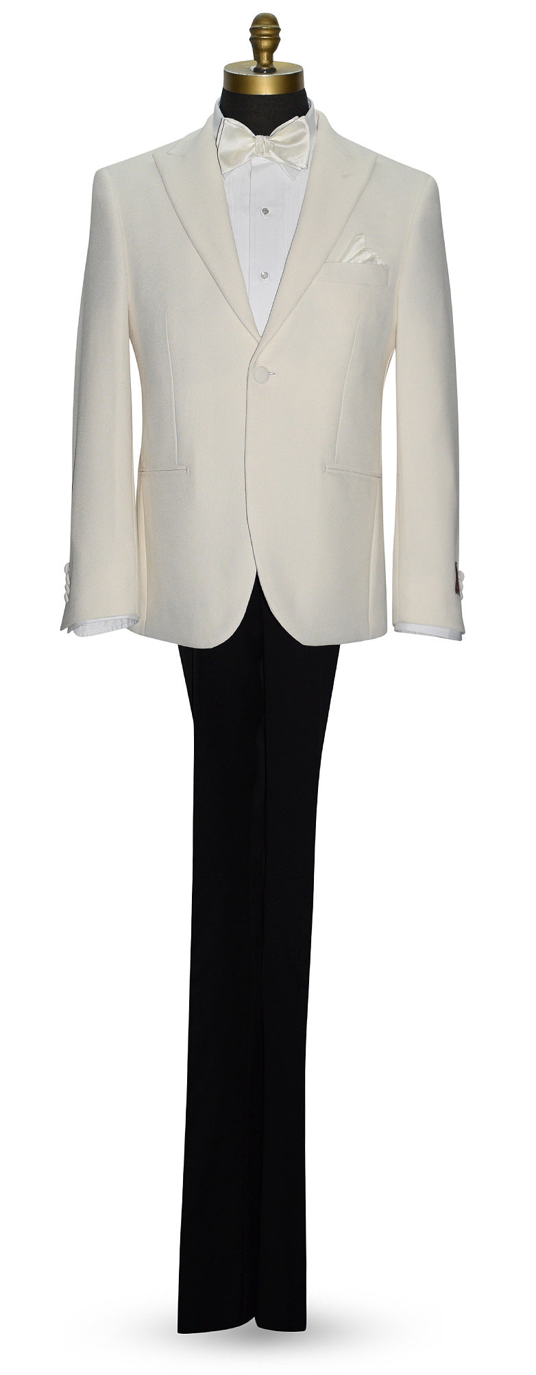 full length mannequin wearing an ivory peak lapel dinner jacket with white shirt and ivory satin bowtie against a white background