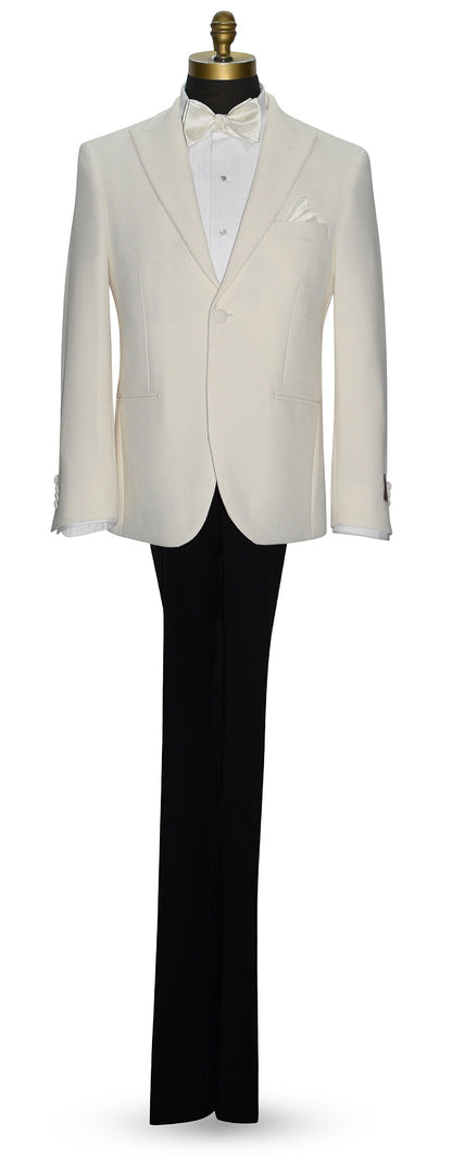 full length mannequin wearing an ivory peak lapel dinner jacket with white shirt and ivory satin bowtie against a white background