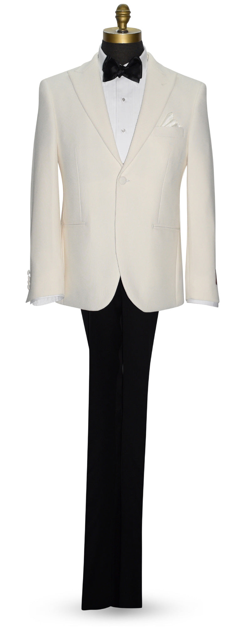 full length mannequin wearing an ivory peak lapel dinner jacket with white shirt and black bowtie against a white background