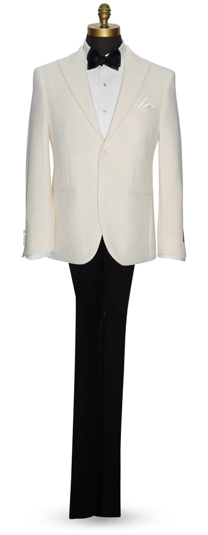full length mannequin wearing an ivory peak lapel dinner jacket with white shirt and black bowtie against a white background