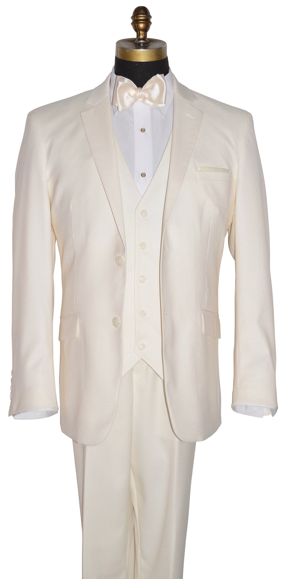 Off-suit men's 3 piece suit on a mannequin with a white shirt and bow tie against a white background.
