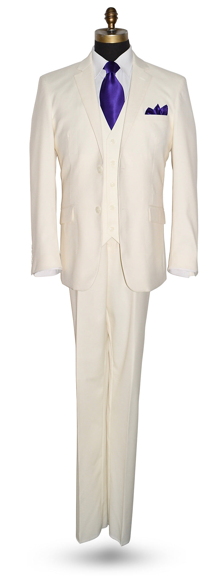 Off-white mens suit with a purple necktie and pocket square on a white background