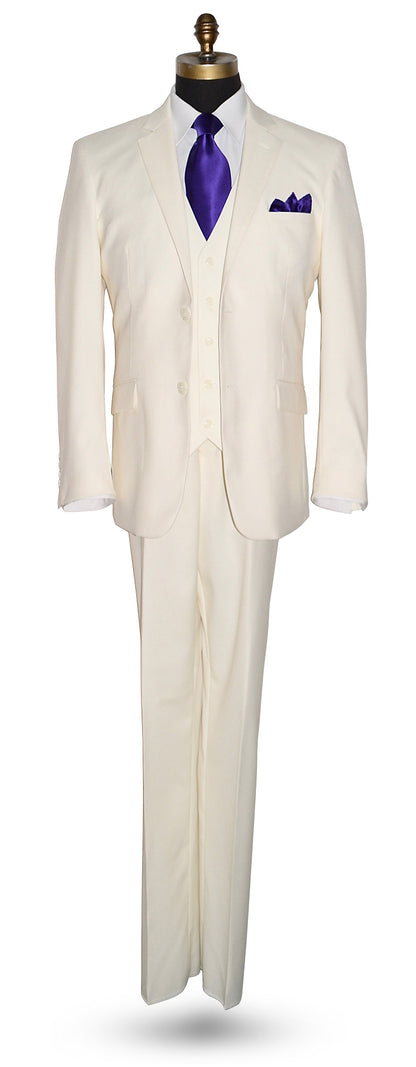 Off-white mens suit with a purple necktie and pocket square on a white background