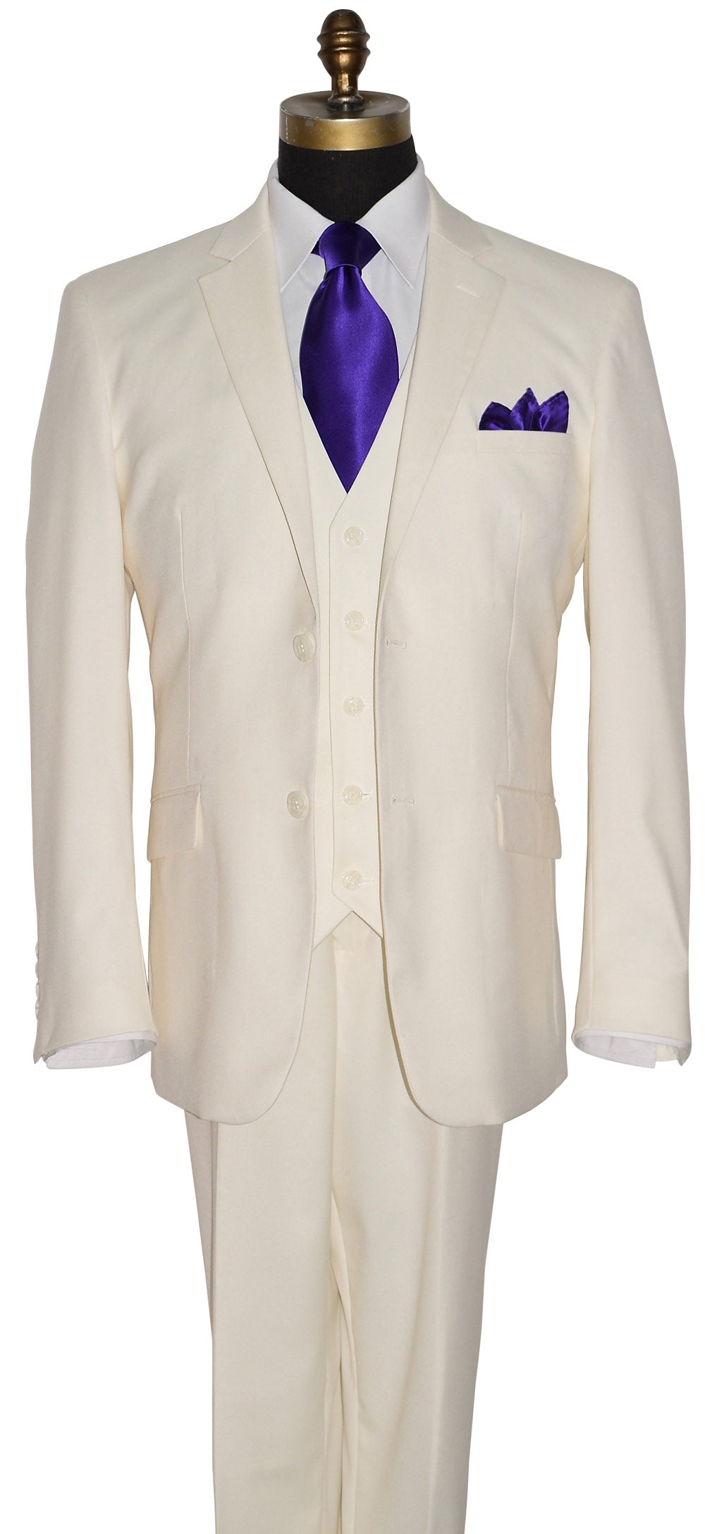 close-up off-white mens suit with a purple necktie and pocket square on a white 