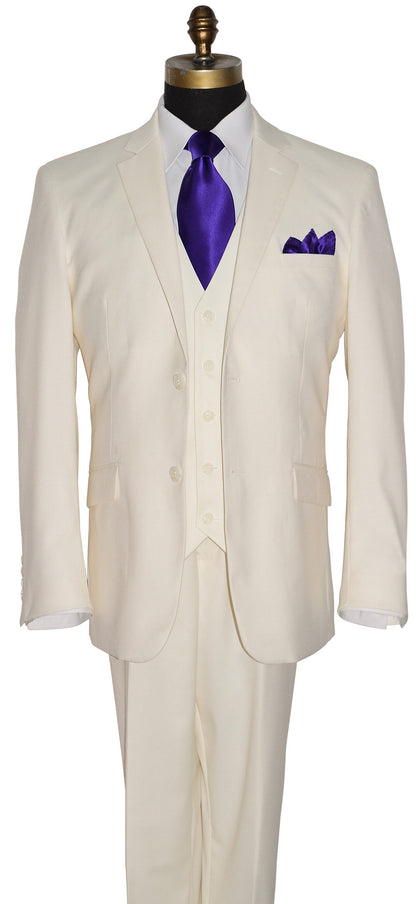 close-up off-white mens suit with a purple necktie and pocket square on a white 