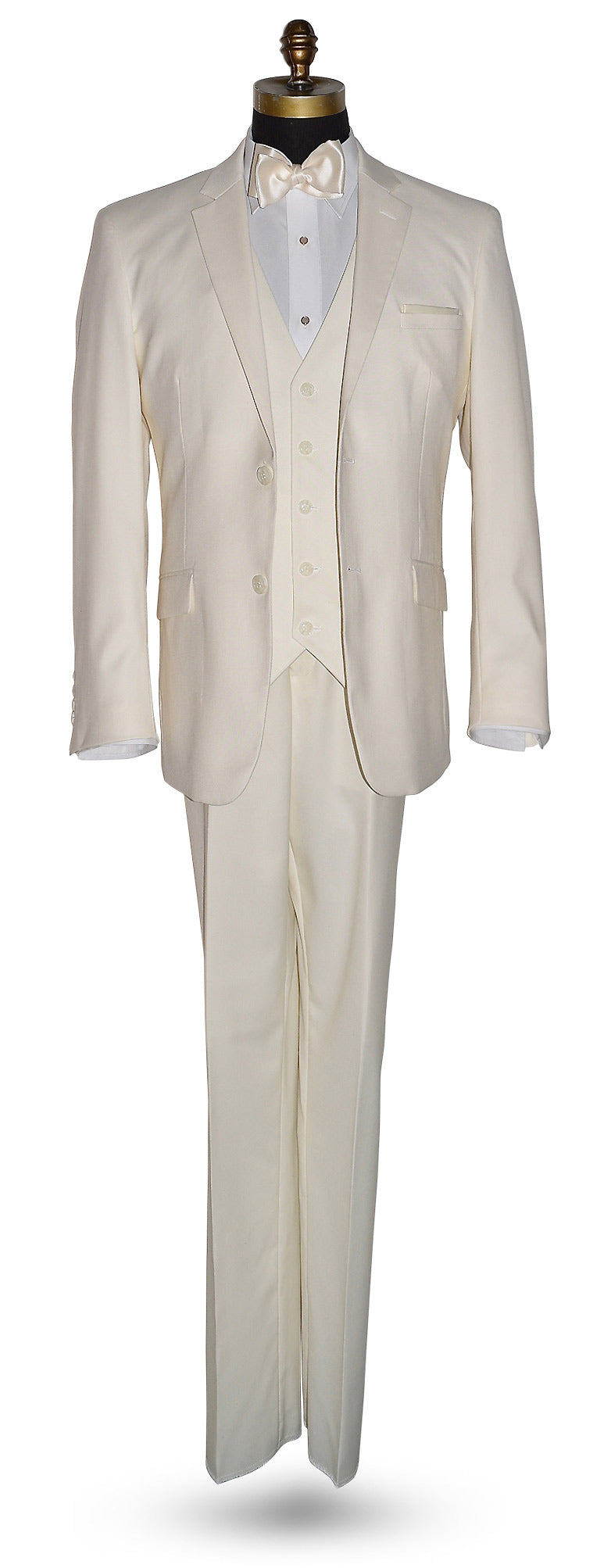 Off-White 3 piece mens suit with a bow tie on a mannequin against a white background