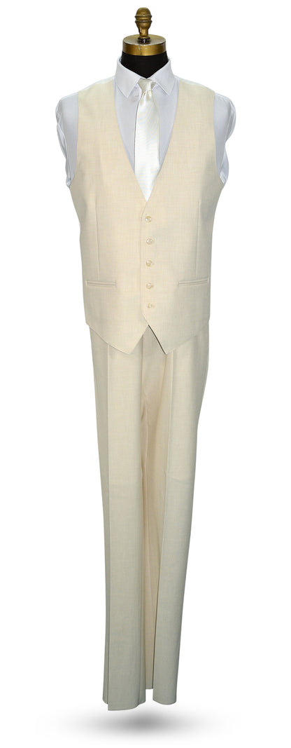 life size mannequin wearing an off-white linen look men's vest with a white dress shirt with a off-white necktie, against a white background.