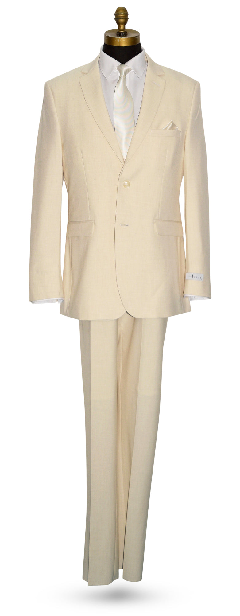 life size mannequin wearing an off-white linen look men's suit with a white dress shirt with a off-white necktie, against a white background.