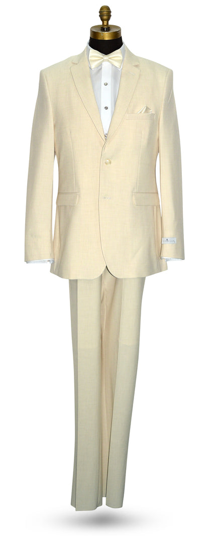life size mannequin wearing an off-white linen look men's suit with a white dress shirt with a off-white bowtie, against a white background.