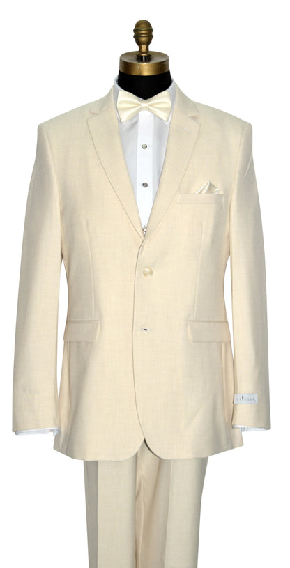 close-up mannequin wearing an off-white linen look men's suit with a white dress shirt with a off-white bowtie, against a white background.