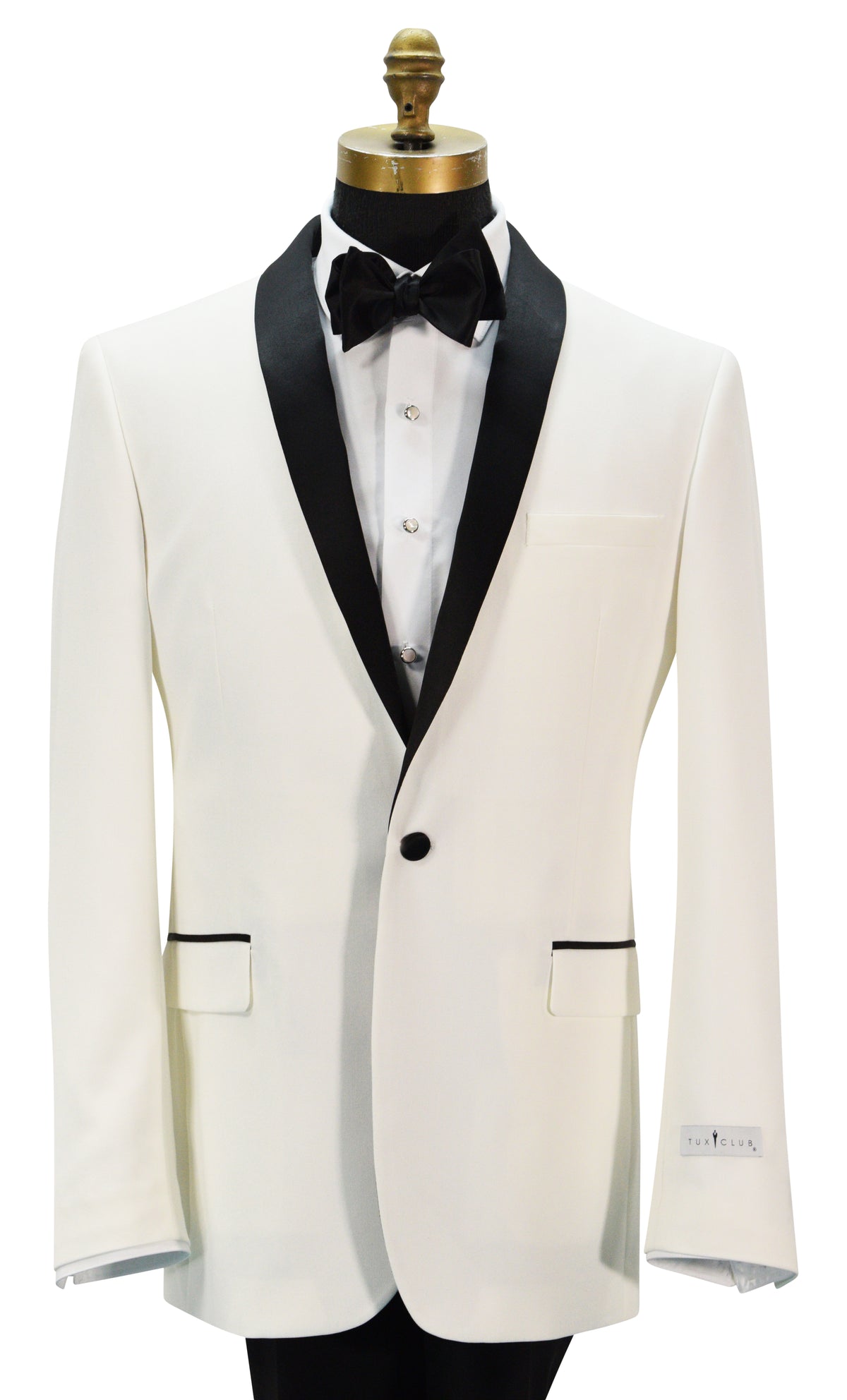 close-up mannequin wearing a off-white mens tuxedo with black shawl collar with a white tuxedo shirt and black bowtie against a white background