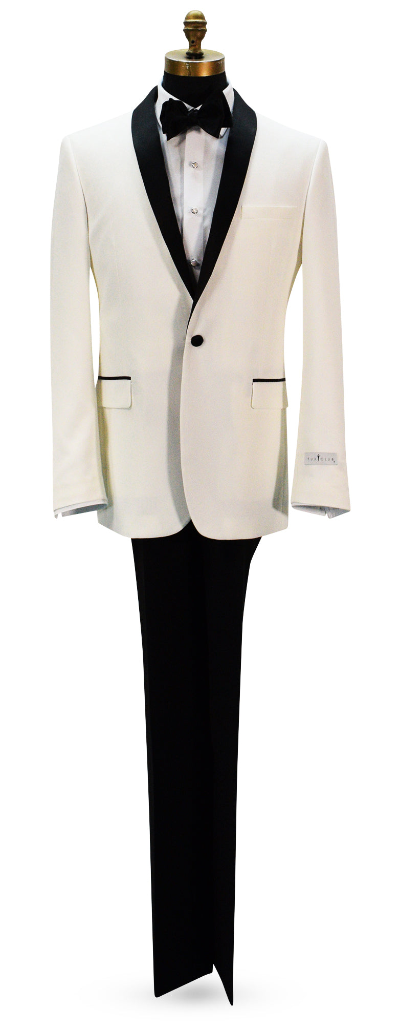 life size mannequin wearing a off-white mens tuxedo with black shawl collar with a white tuxedo shirt and black bowtie against a white background