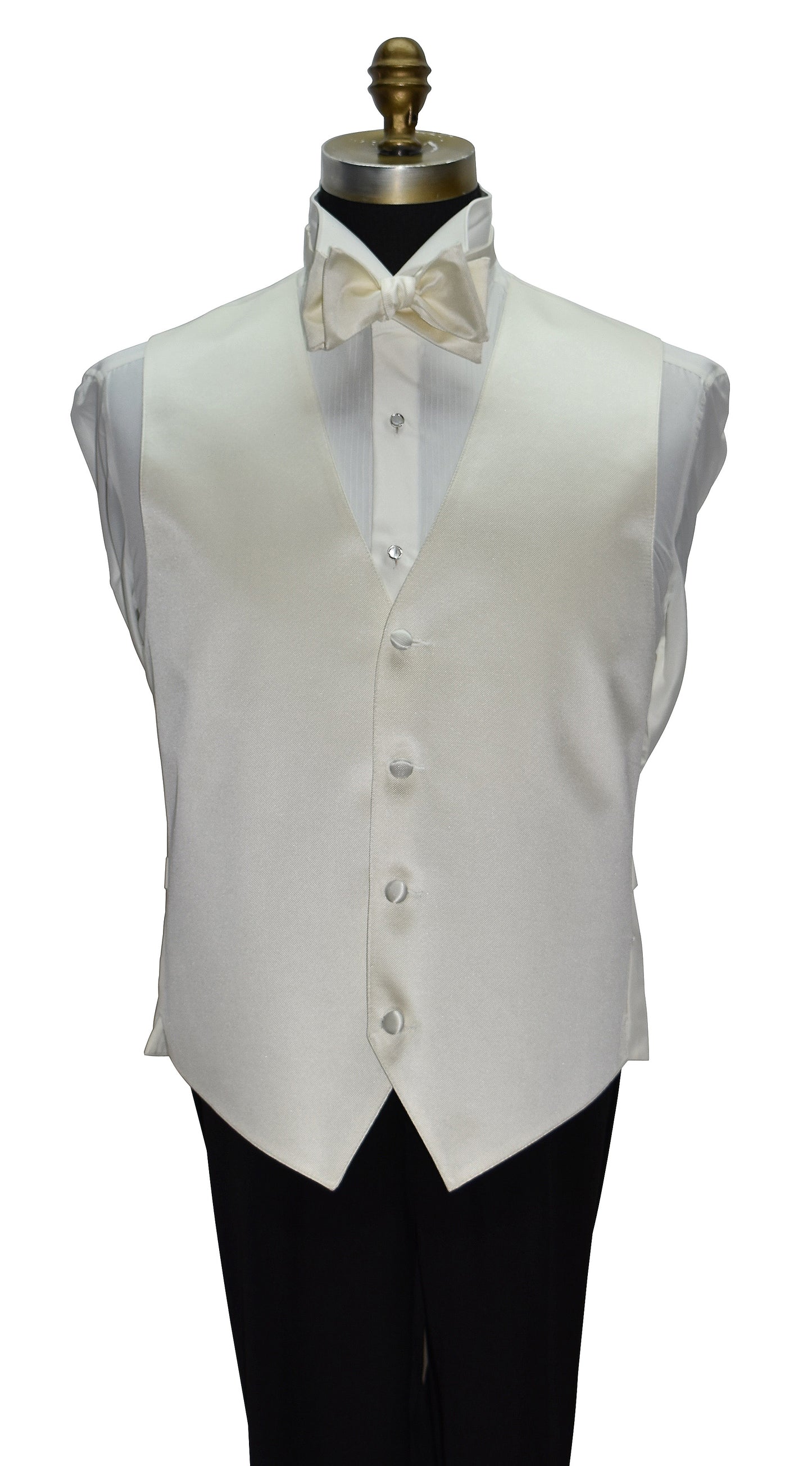 Off-white tuxedo vest and off-white bow tie on a mannequin against a white background