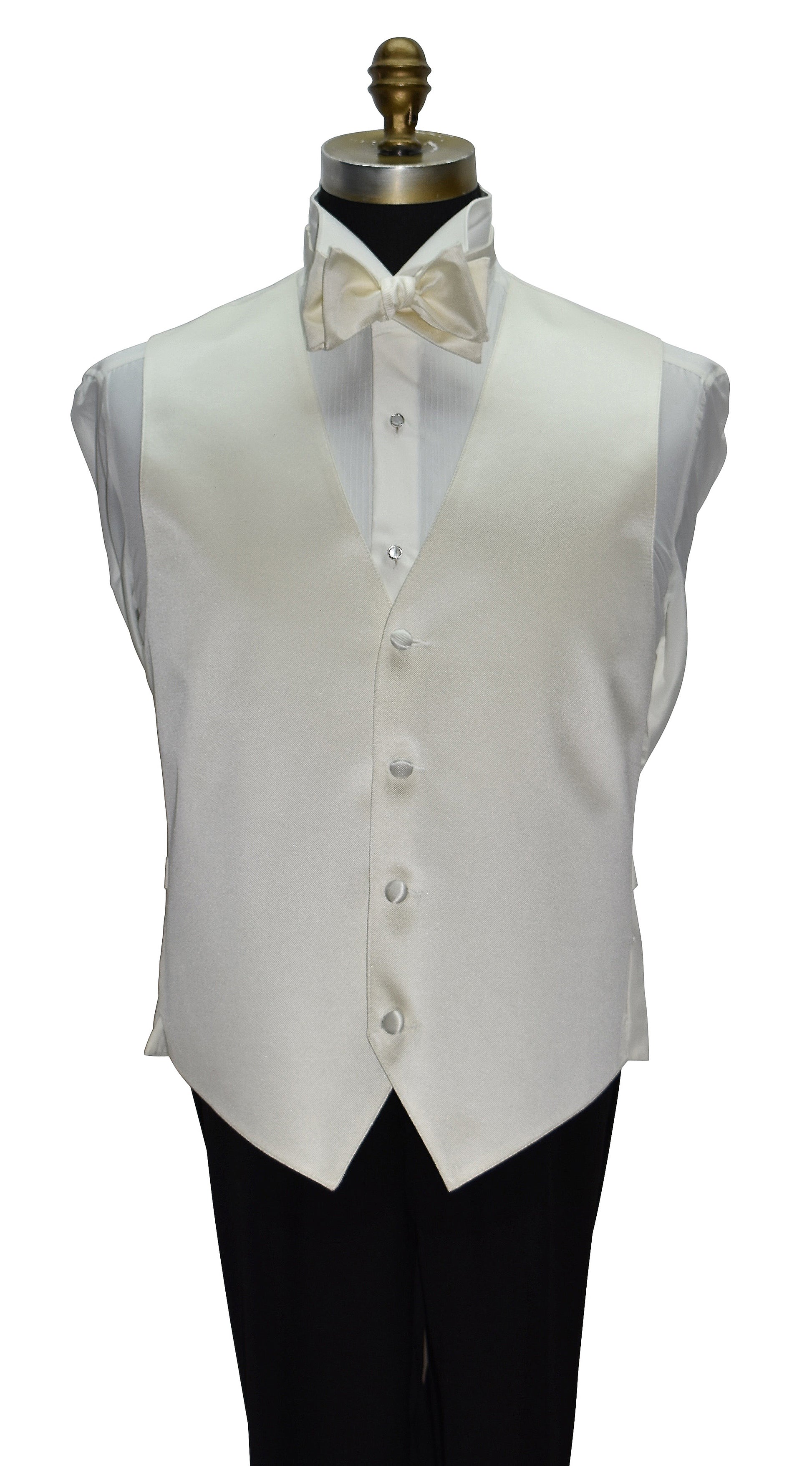 Off-white tuxedo vest and off-white bow tie on a mannequin against a white background