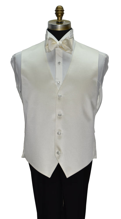 Off-white tuxedo vest and off-white bow tie on a mannequin against a white background