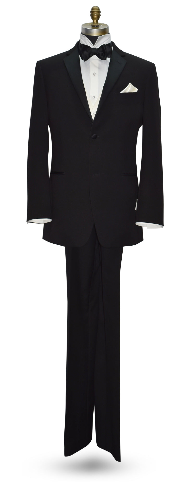 life size mannequin wearing a black tuxedo with black bow tie and off-white tuxedo vest on a mannequin against a white background