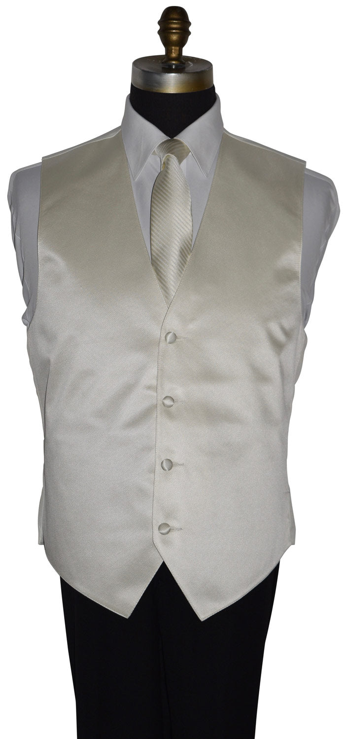 mannequin wearing a white dress shirt and off-white tuxedo vest with an off-white necktie with off-white stripe against a white background