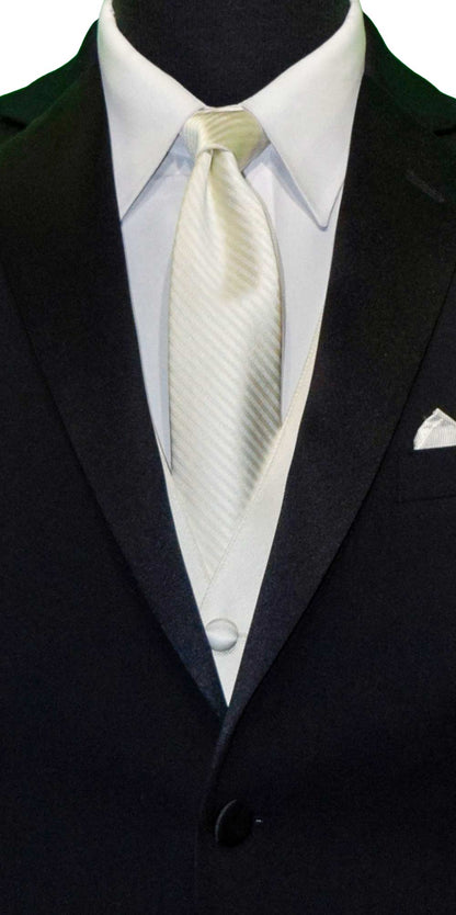 Black wedding suit with an off-white dress shirt and striped off-white necktie on a mannequin.
