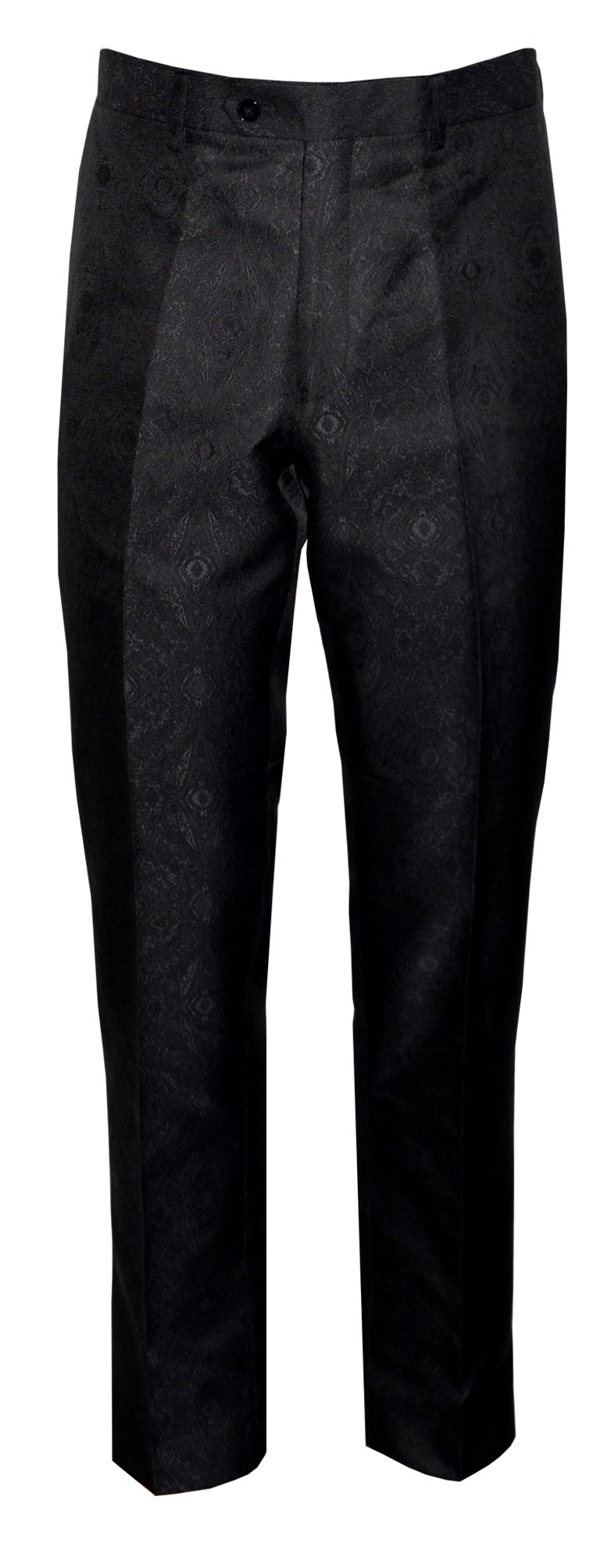 full mannequin wearing black paisley dress pants against a white background