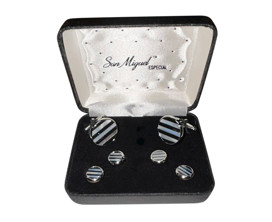 CUFFLINKS AND STUDS PEARL AND ONYX STRIPE IN A SAN MIGUEL BRANDED BOX