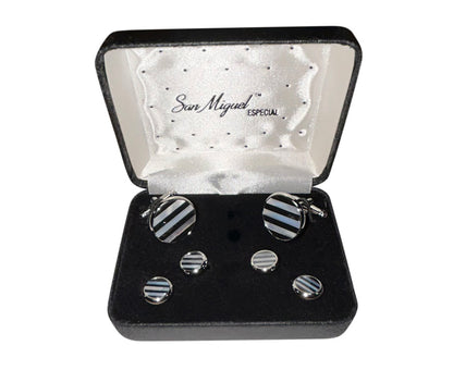 CUFFLINKS AND STUDS PEARL AND ONYX STRIPE IN A SAN MIGUEL BRANDED BOX