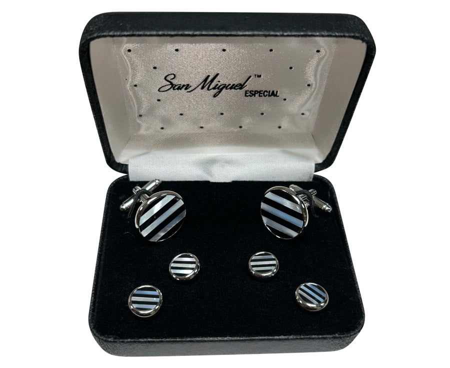 Cufflink set with inlaid striped pearl and onyx design in a 'San Miguel Especial' branded box.