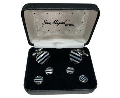 Cufflink set with inlaid striped pearl and onyx design in a 'San Miguel Especial' branded box.